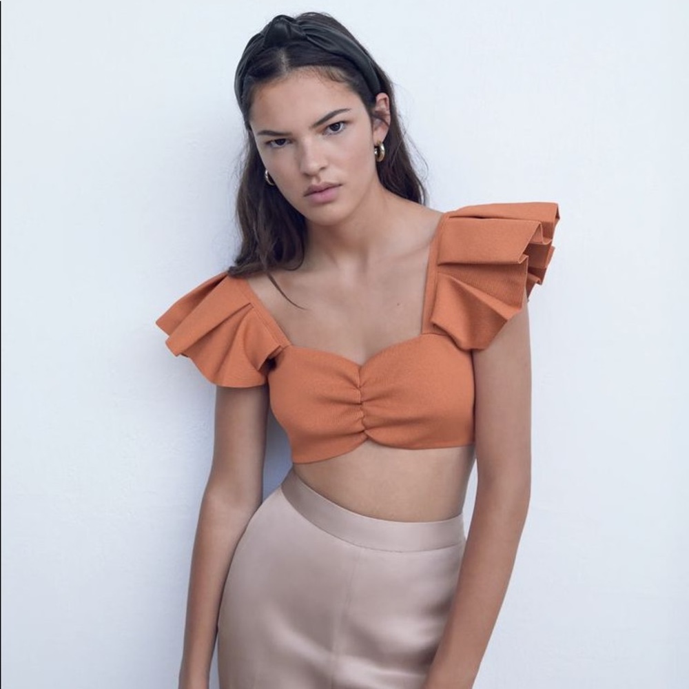 ZARA Orange Ruffle Knit Crop Top